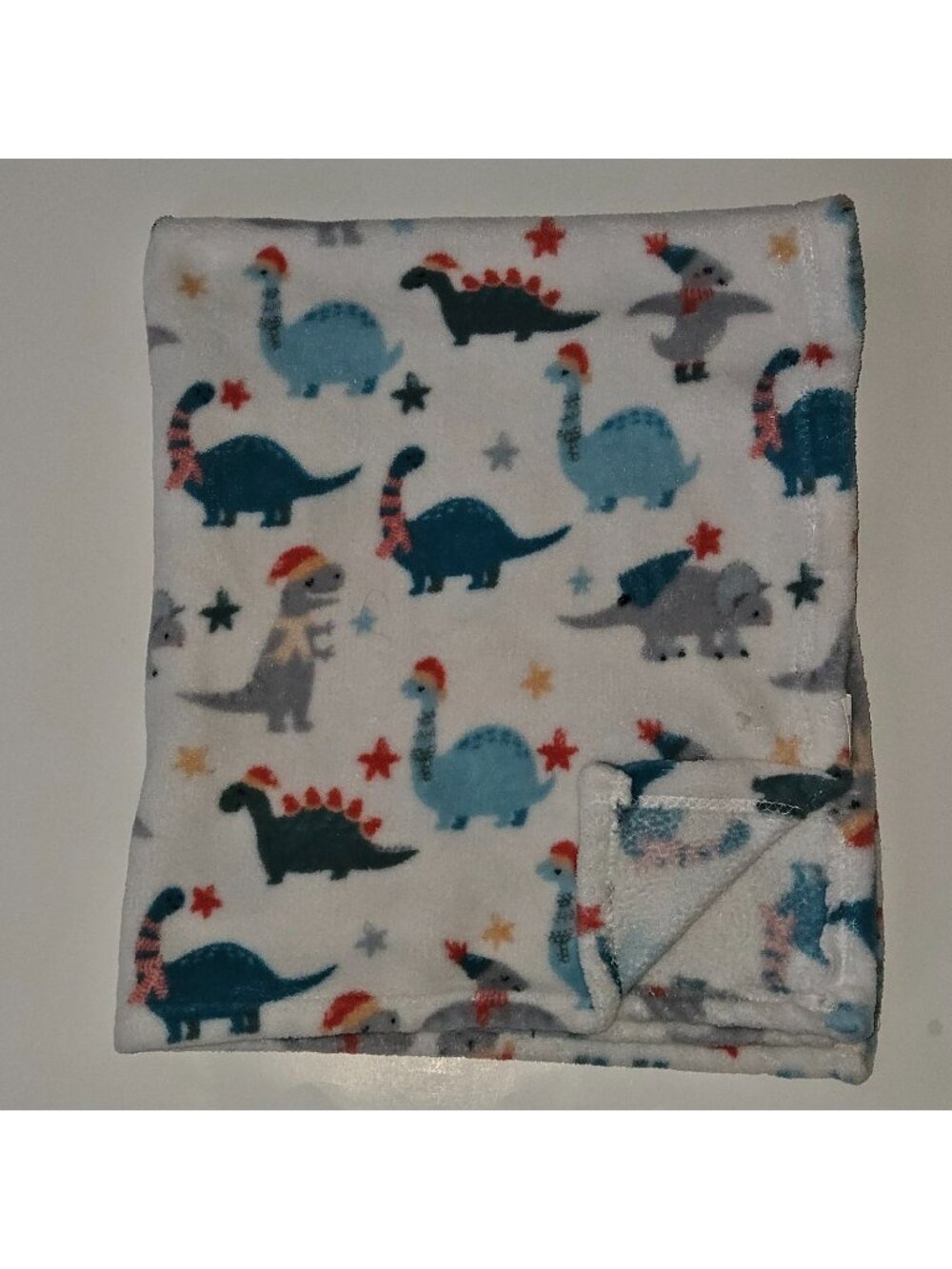 Walmart Aqua Blue Gray Dinosaur Fleece Baby Blanket Christmas Stars Hats 30x36